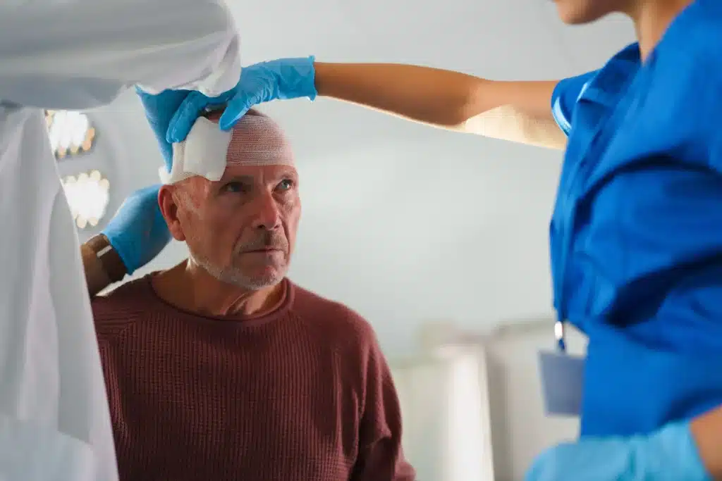 Dr and nurse treating elderly patients head